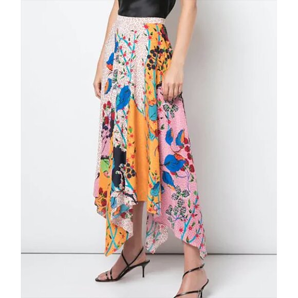 Saloni Freja Asymmetric Midi Silk Skirt High Low Hem Floral Print Colorful US 8 - Picture 1 of 15